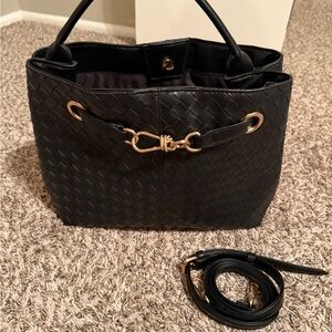Chic Black Woven Tote with Gold Accents